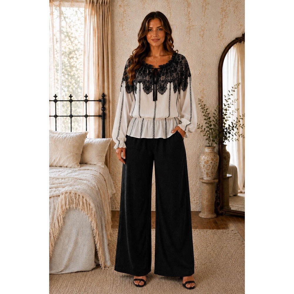 INC International Concepts 16W Black White Lace Peasant Blouse Boho Sheer UU24